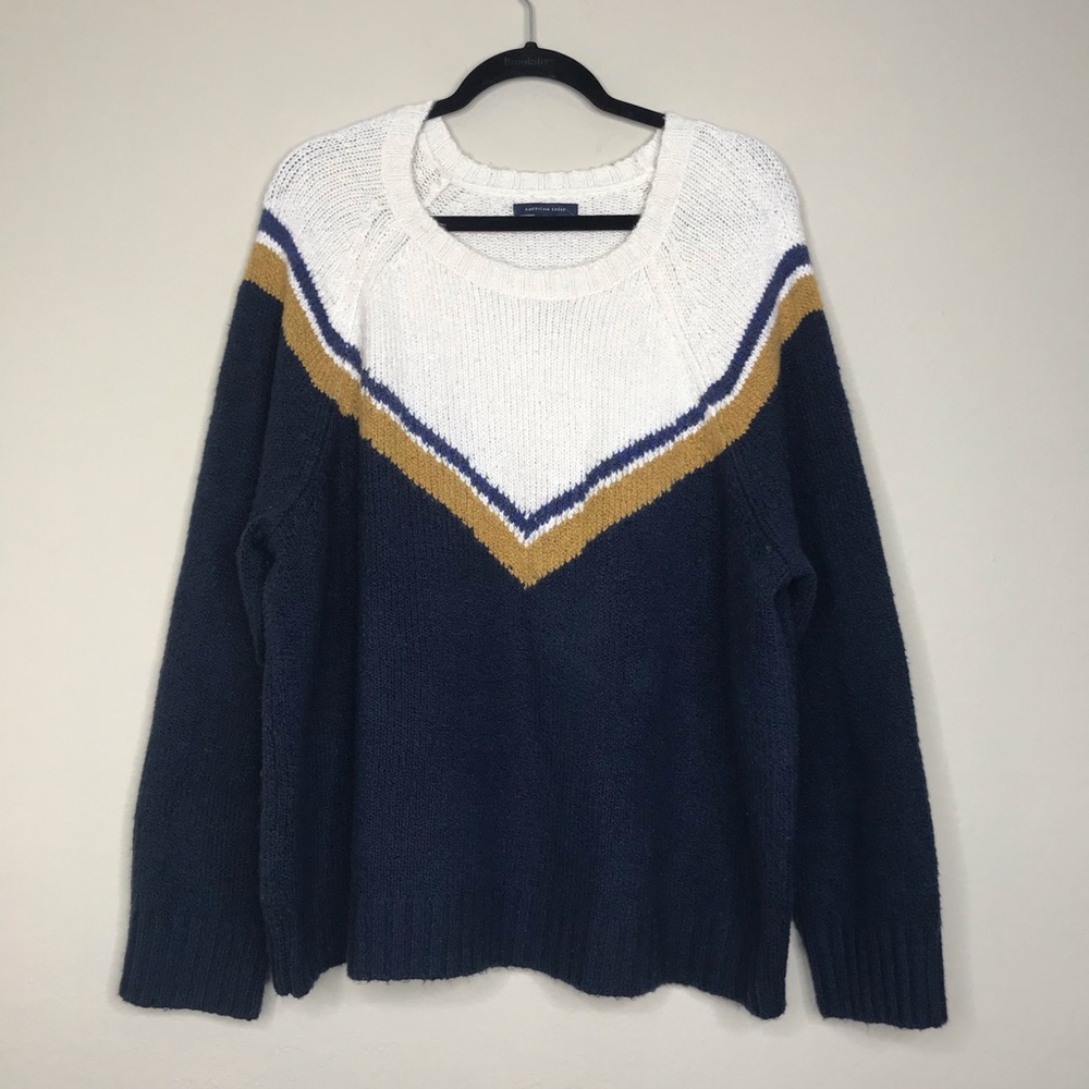 AEO Varsity round neck long sleeve knit sweater